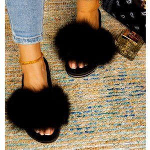 Black Jeweled Lined Faux Fur Slides